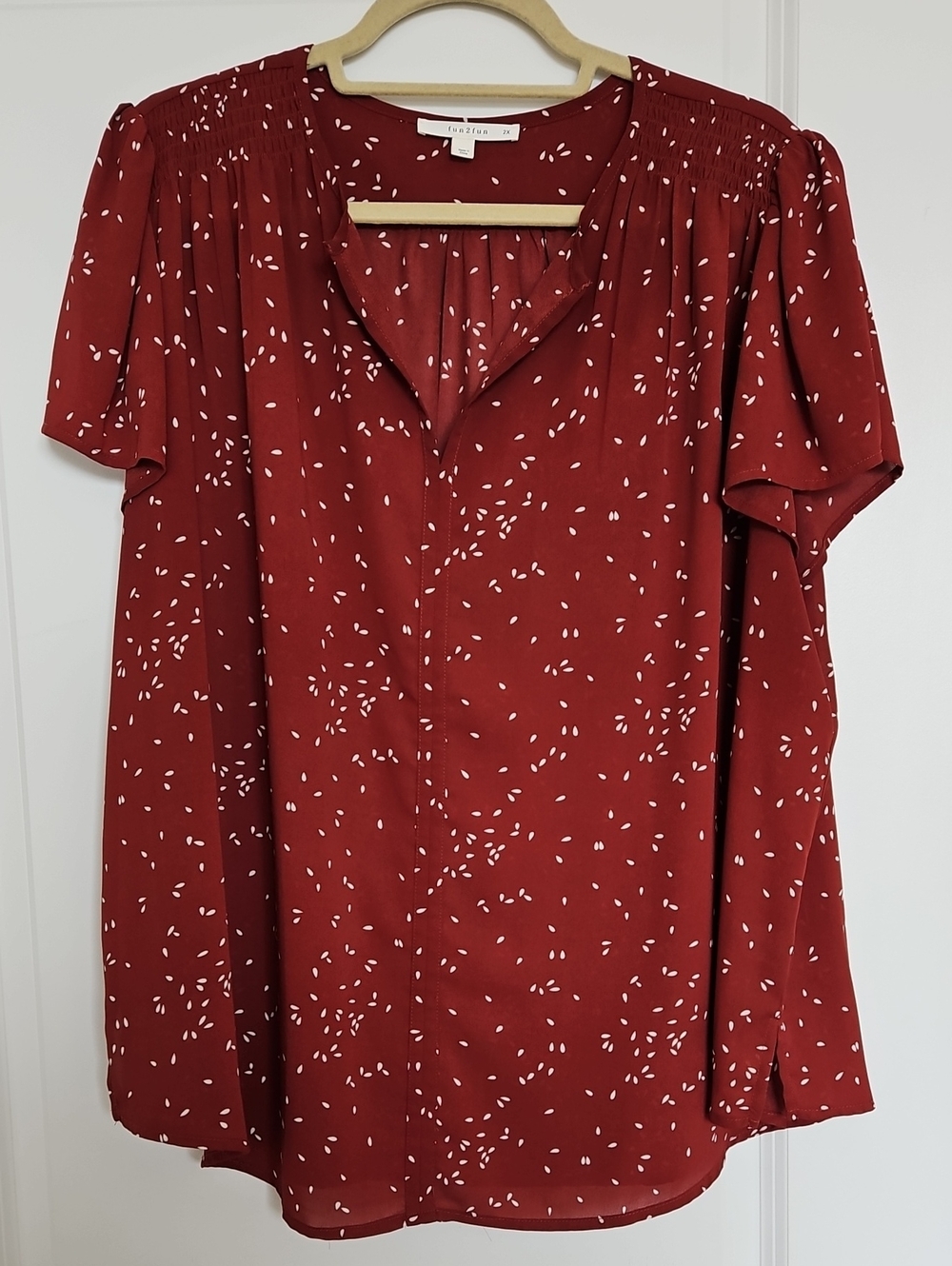 fun 2 fun Rust Red Short-Sleeve V-Neck Blouse with White Dot Print